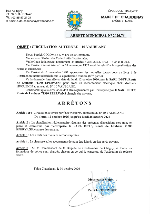 Circulation alternée au 10 VAUBLANC du 12.10.2026 au 26.10.2026