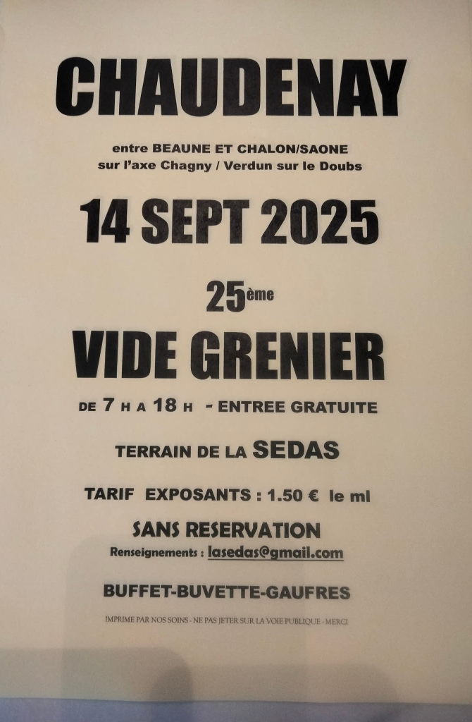 Flyer du vide grenier de LA SEDAS prévu le 14/09/2025