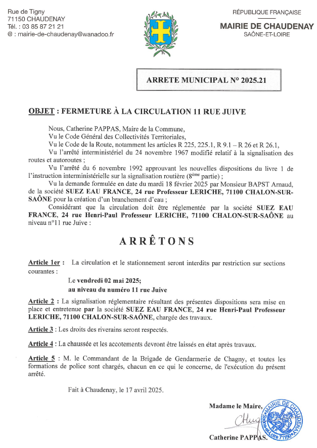 Circulation interdite au 11 rue Juive le 02/05/2025