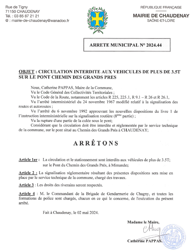 Circulation interdite aux véhicules de plus de 3.5T sur le pont Chemin des Grands prés