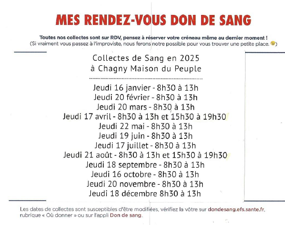 Calendrier 2025 dons du sang à Chagny