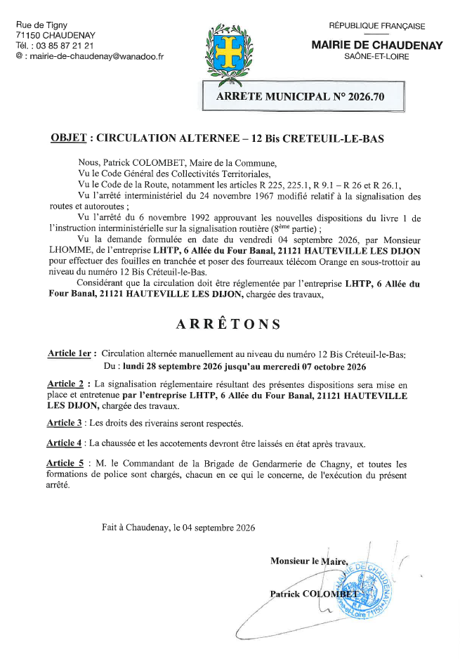 Circulation alternée 12 Bis Créteuil le Bas du 28092026 au 07102026