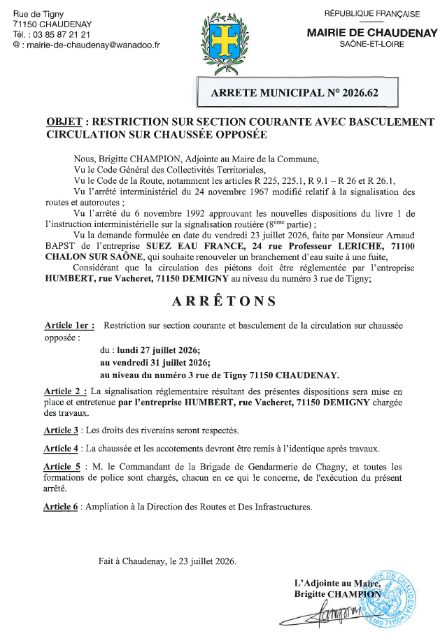 Travaux rue de Tigny du 27/07 au 31/07/2026